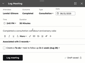 Pop-up box for a logged CRM meeting is displayed. The user clicks an "associated with records" button to modify the records the meeting logs to.