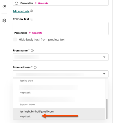 HubSpot email settings showing From address dropdown with a selected email highlighted and arrow pointing to Help Desk option.
