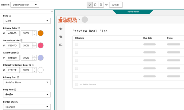 Painel do editor de temas com configurações de cor e fonte à esquerda e uma visualização do portal do Plano de Negócio mostrando uma tabela de marcos à direita.