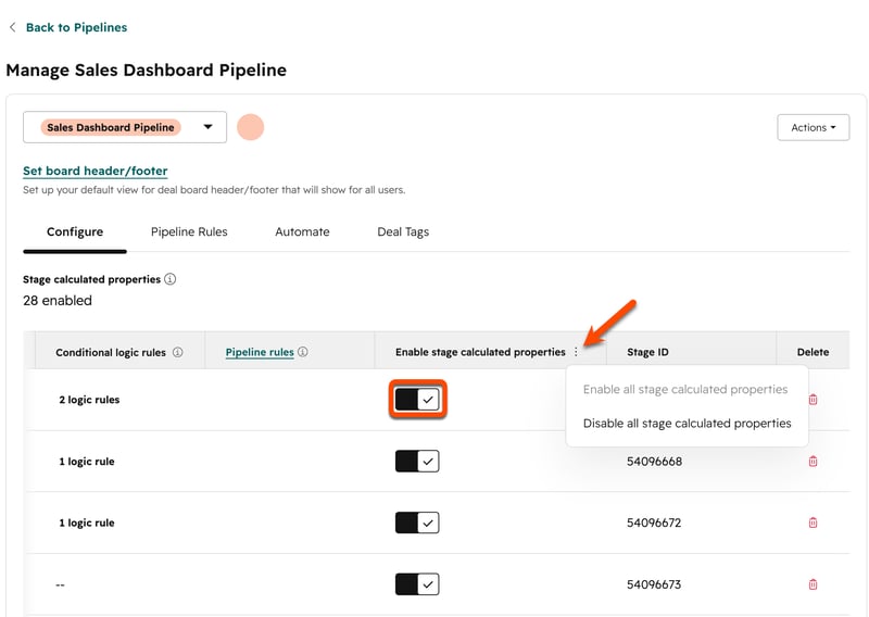 Pipeline settings showing the stage calculated properties column with toggles and a menu to enable or disable all stage calculated properties.