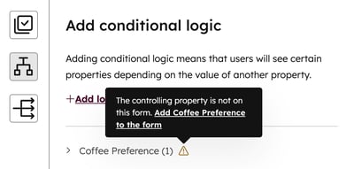 A pop-up warning stating the controlling property isn’t on the form, prompting the user to add the Coffee Preference property.