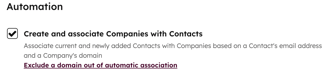 A HubSpot automation setting for 'Create and associate companies with contacts'. The checkbox is toggled on to associate contacts with companies based on email domain.