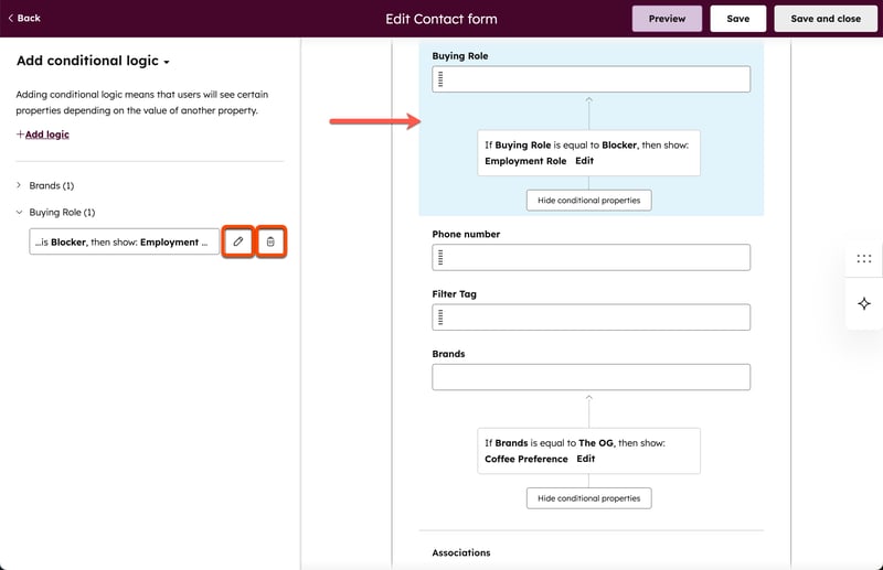A HubSpot Edit Contact setup screen. The Add conditional logic panel shows a rule where selecting Blocker for Buying Role displays the Employment Role property.