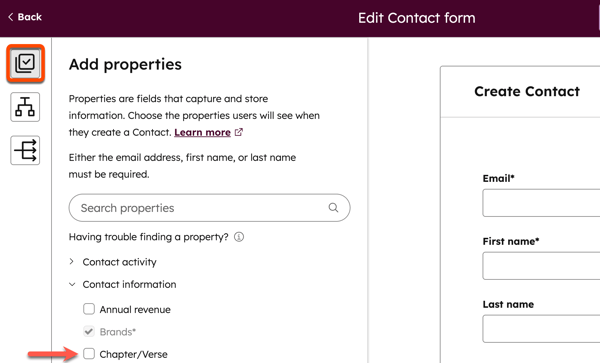 A HubSpot Add properties panel for a contact setup panel. An orange arrow points to the Chapter/Verse checkbox under the Contact information group.