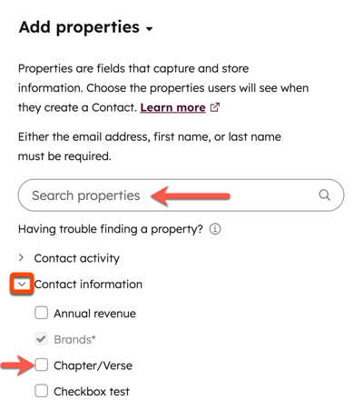 A HubSpot Add properties panel for a contact setup panel. An orange arrow points to the Chapter/Verse checkbox under the Contact information group.