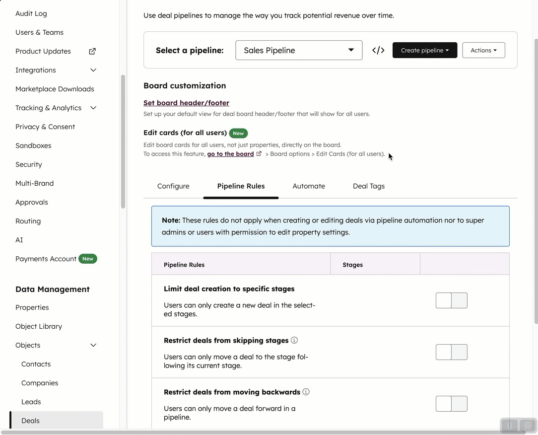 GIF displaying deal pipeline settings. The user toggles on 'approval' to open the deal approval setup wizard.
