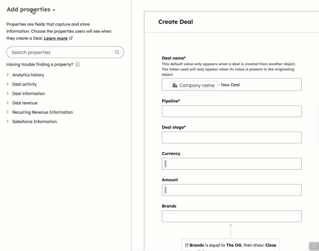 A HubSpot panel titled 'Add default values' for Deal Name. It shows an input field for 'Deal Name' and an option to personalize with a token. Also present are 'Update' and 'Cancel' buttons.