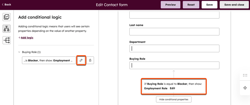 A HubSpot Edit Contact setup screen. The Add conditional logic panel shows a rule where selecting Blocker for Buying Role displays the Employment Role property.