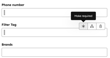 A HubSpot form editor showing a tooltip to Make required for a property field, indicated by an asterisk icon.