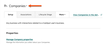 Companies object settings page with an arrow pointing to the object name dropdown used to switch to other objects.