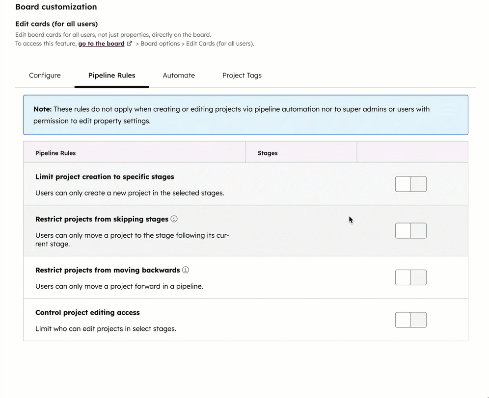 GIF displaying the project object pipeline rules screen. The user toggles on controlling who can edit projects in certain stages and restricts skipping the "review" stage.