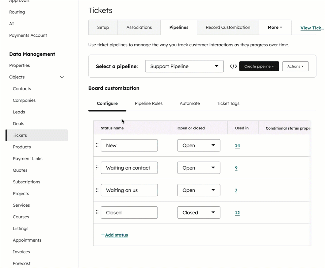 GIF displaying ticket pipeline automation settings. The user clicks the default Ticket received email and go to the marketing email editor.