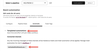 A HubSpot ticket pipeline settings page with the Automate tab selected. Two orange arrows highlight Templated automations and the connected channel email testinghubthird@gmail.com.