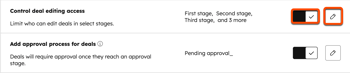 Settings panel with options to limit deal editing by stage and require approval for deals, with toggles turned on.