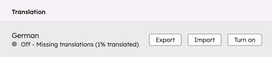 Un panel de ajustes de HubSpot para Traducción. Muestra el estado para el alemán como 'Desactivado - Faltan traducciones (1% traducido)' con botones para Exportar, Importar y Activar.