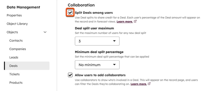 A HubSpot deals settings page. The Split Deals among users checkbox is highlighted and checked, with a deal split user maximum of 3.