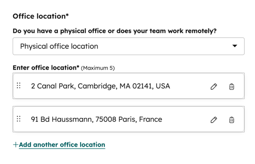 Captura de tela das configurações de 'Localização do escritório' na configuração do perfil.