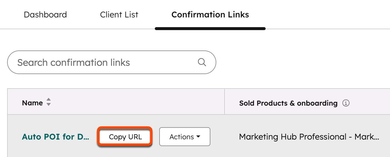Screenshot der Registerkarte "Bestätigungslinks" im Partner-Dashboard Die Schaltfläche "URL kopieren", die angezeigt wird, wenn Sie den Mauszeiger über einen POI bewegen, ist hervorgehoben.