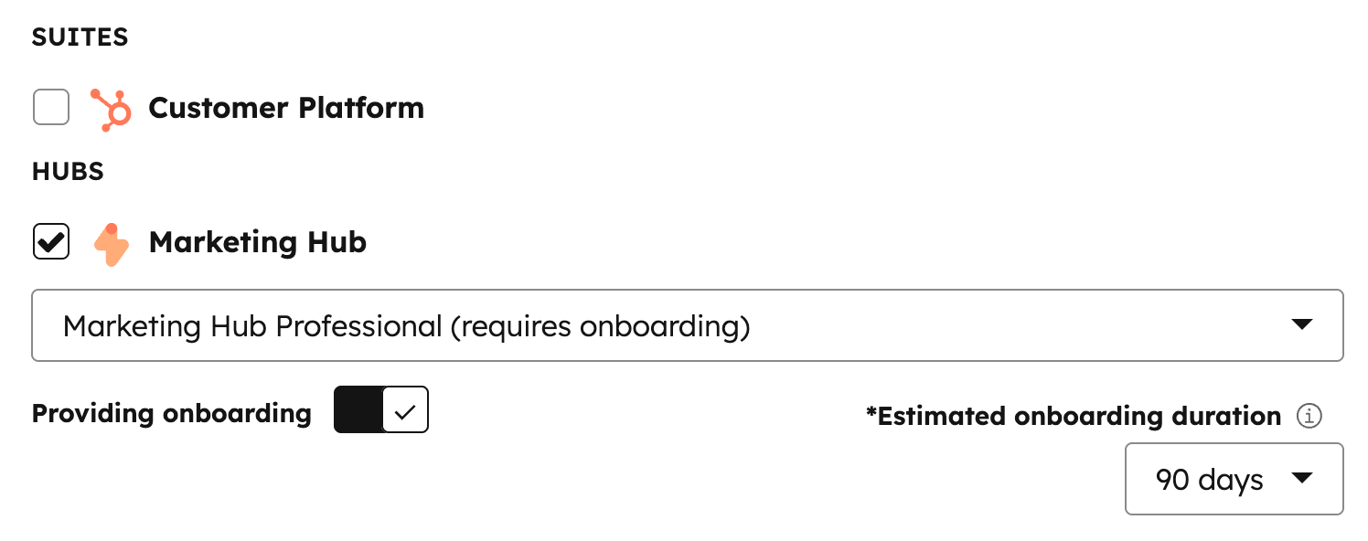 Screenshot des rechten Bereichs zur Auswahl der Produkte eines POI. Die Schalter "Bereitstellen des Onboardings" und das Dropdown-Menü "Voraussichtliche Onboarding-Dauer" werden angezeigt.