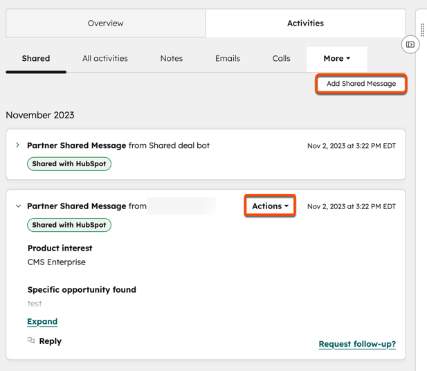 Screenshot of a shared deal, with the 'Add Shared Message" button and the "Actions" dropdown menu highlighted.