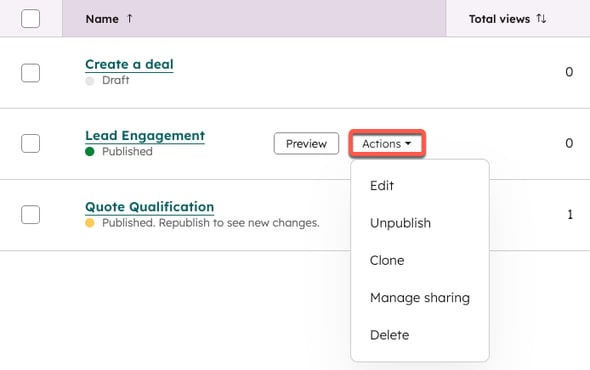 A list of playbooks, with the Actions button selected for the Lead Engagement playbook. The available options are: Edit, Unpublish, Clone, Manage sharing, and Delete.