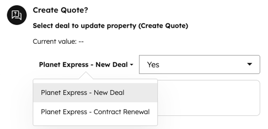 A question and answer field on a playbook that sets a property value. The dropdown for selecting deals has been clicked, showing two deals to choose from.