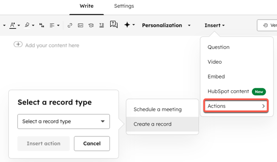 The playbooks editor, with the Insert button selected in the top right. The Actions option is highlighted, showing a Create a record option with a pop-up to Select a record type.
