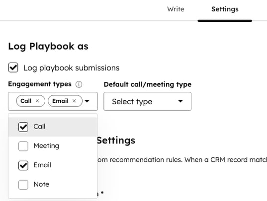 The playbook editor Settings tab, with the Log playbook submissions checkbox selected. The Engagement types dropdown menu shows selected options for Call and Email.