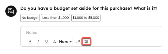 A question and answer field in a playbook that includes a Notes field. The snippets icon below the note text field is highlighted.