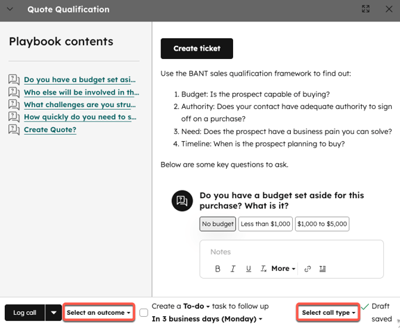 A playbook pop-up box, with the Select an outcome and Select call type buttons at the bottom highlighted.