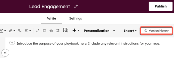 The playbook editor, with the Version history button in the top-right highlighted.