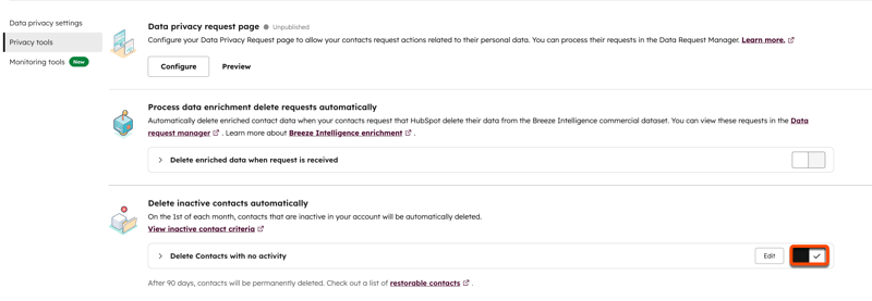 Screenshot showing delete inactive contacts toggle.