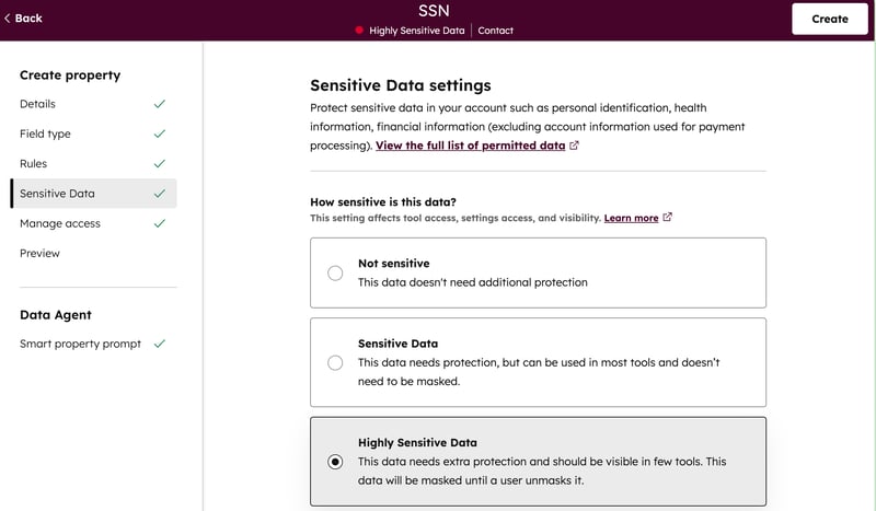 Sensitive Data settings screen in HubSpot showing sensitivity level options for property creation, with Highly Sensitive Data selected.