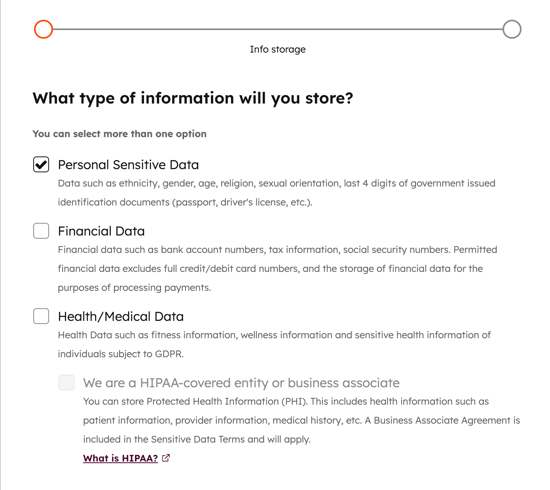 Configuration page with checkboxes for type of information to store. Options include: Personal Sensitive Data, Financial Data, Health/Medical Data, and HIPAA compliance.