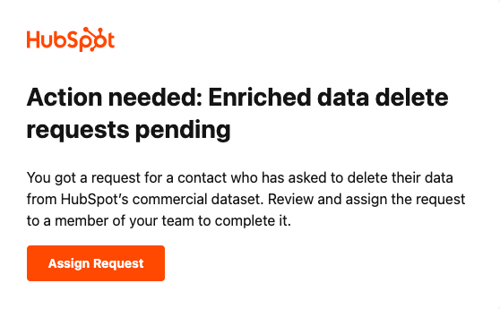 Email notification titled “Action needed: Enriched data delete requests pending” prompting a Super Admin to assign a data delete request.