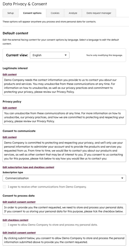 Screenshot of Data Privacy &amp; Consent settings showing the option to edit the “Legitimate interest”, “Privacy policy”, and “Consent to communicate” sections.