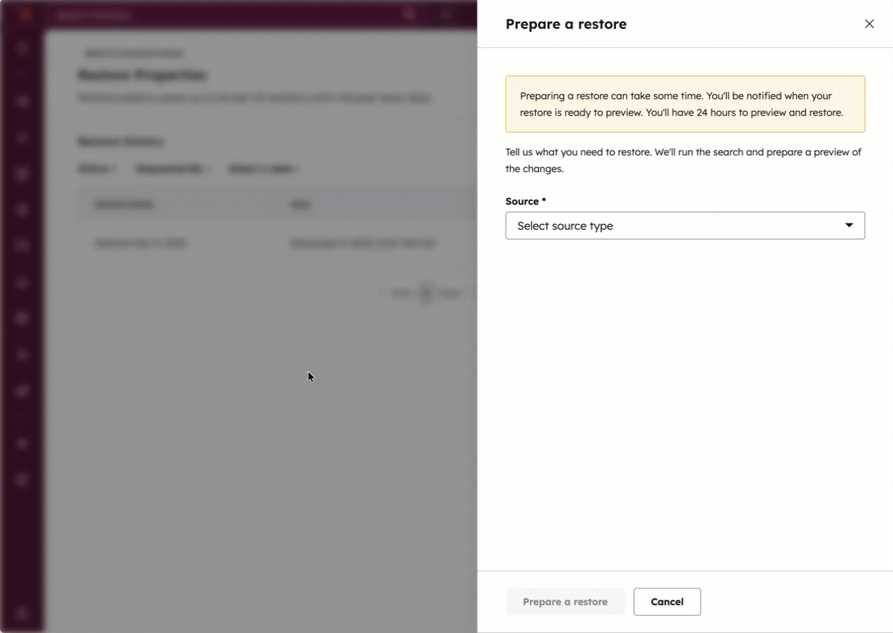 GIF displaying panel to restore property edits from a workflow or an import. The user selects a workflow, property, and date range. Then, they review a table of results and restore 13 records.