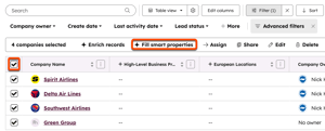 Screenshot showing four selected companies with the "Fill smart properties" button highlighted.