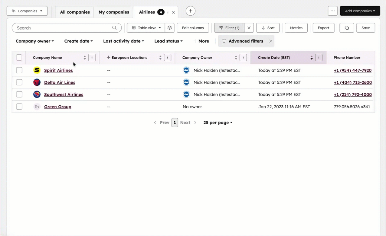 GIF displaying a table of airline companies. The user creates a new smart property using a pop-up menu. They input a prompt and name the property "High-level business practices".
