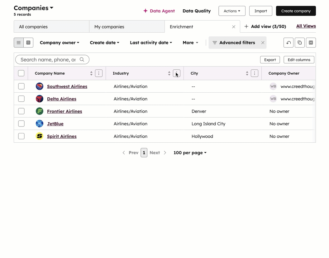 GIF displaying a company index page. The user opens a menu to create a smart property in the right panel. Options such as data sources, prompts, and field types are displayed.