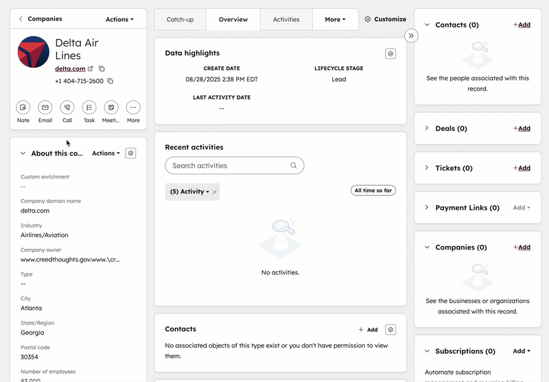 GIF of Delta Airlines record. The user clicks an action menu on the left sidebar to open a smart properties panel on the right.