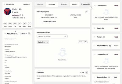 GIF of Delta Airlines record. The user clicks an action menu on the left sidebar to open a smart properties panel on the right.