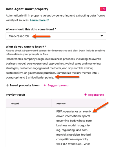 Data Agent smart property screen showing web research as the data source, a prompt field with an arrow highlighting the last sentence, and a generated preview result.