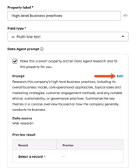 Property editor showing a multi-line text smart property with a Data Agent prompt configured for web research.