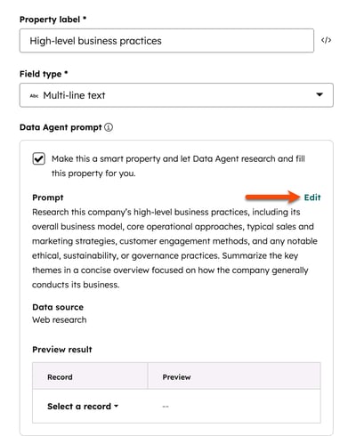 Property editor showing a multi-line text smart property with a Data Agent prompt configured for web research.