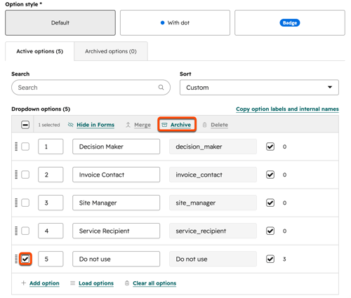 Dropdown property editor with one option selected and the Archive button highlighted in the options toolbar.