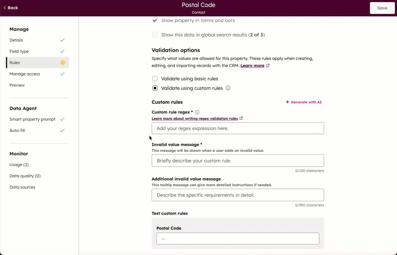 A user opens the property rules for a contact field and enters a custom regex prompt and Breeze fills in the rule, error message, and tooltip message. The user tests the rule in the preview area.