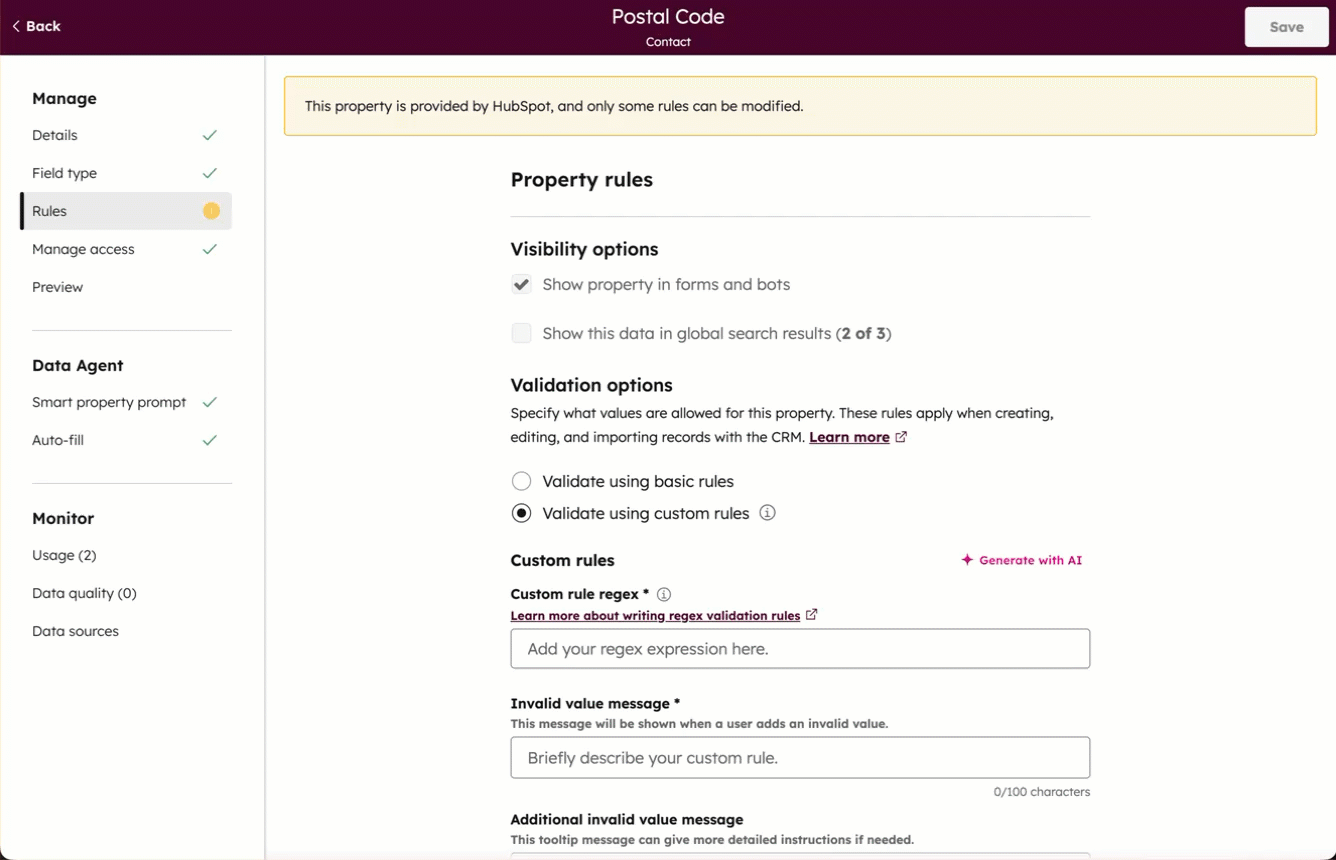 A user edits the Postal Code property, selecting custom validation, entering a regex rule and error messages, and reviewing the property rules before saving.