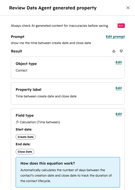 Pannello di recensione delle proprietà generate da Breeze AI che mostra l'istruzione, il risultato e la proprietà del calcolo per il tempo tra la data di creazione e quella di chiusura.