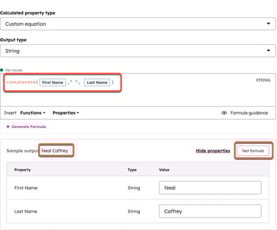 A form for creating a HubSpot calculated property. The highlighted custom equation concatenates 'First Name' and 'Last Name', with 'Neal Caffrey' as the output.